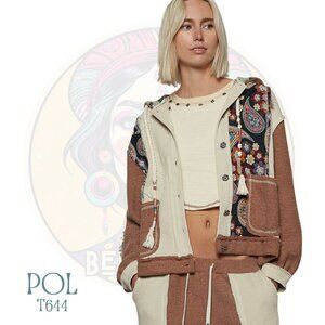 T644 POL Oat/ Chocolate Floral Knit Hoodie Knit Top Jacket